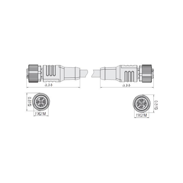 M12 4Pin D-coded、母头直型转母头直型、双端预铸PUR柔性电缆、带屏蔽、黑色护套、64DD65-XXX